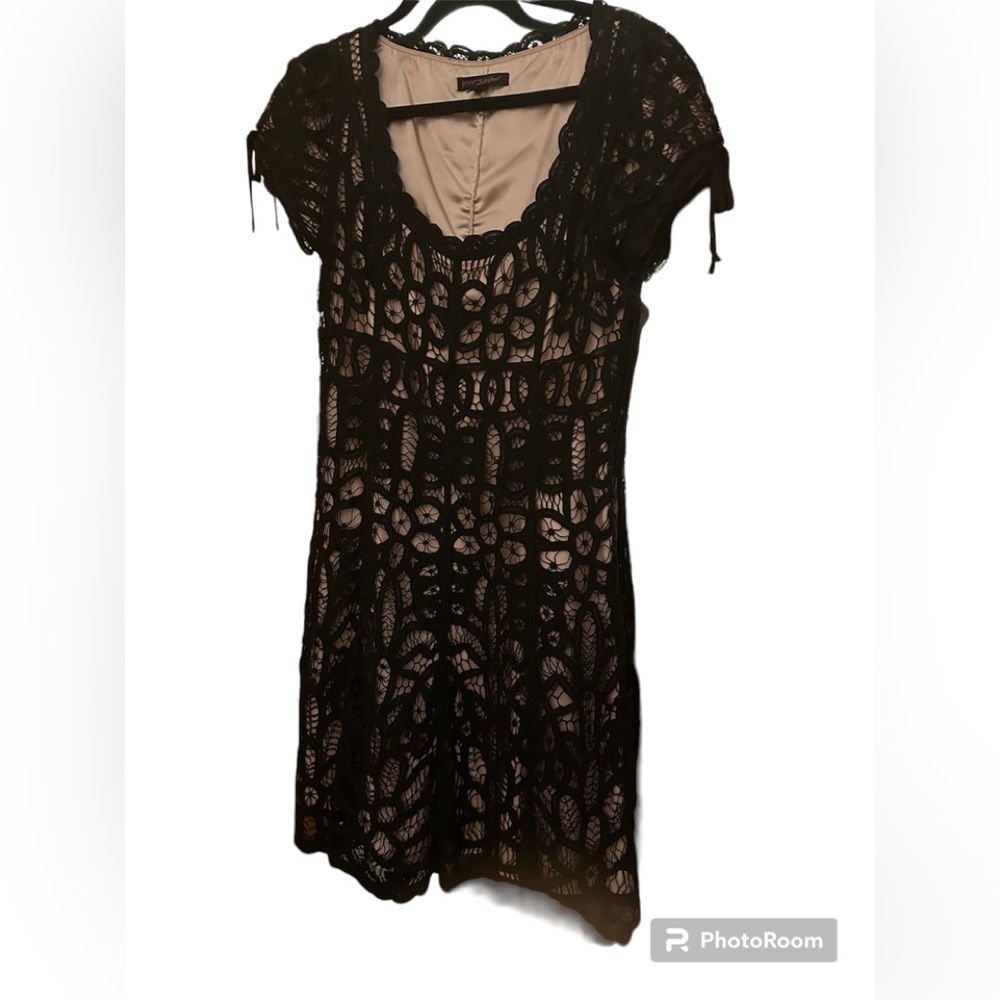 Betsy Johnson Black lace over pink dress.  V neck.   Size 8